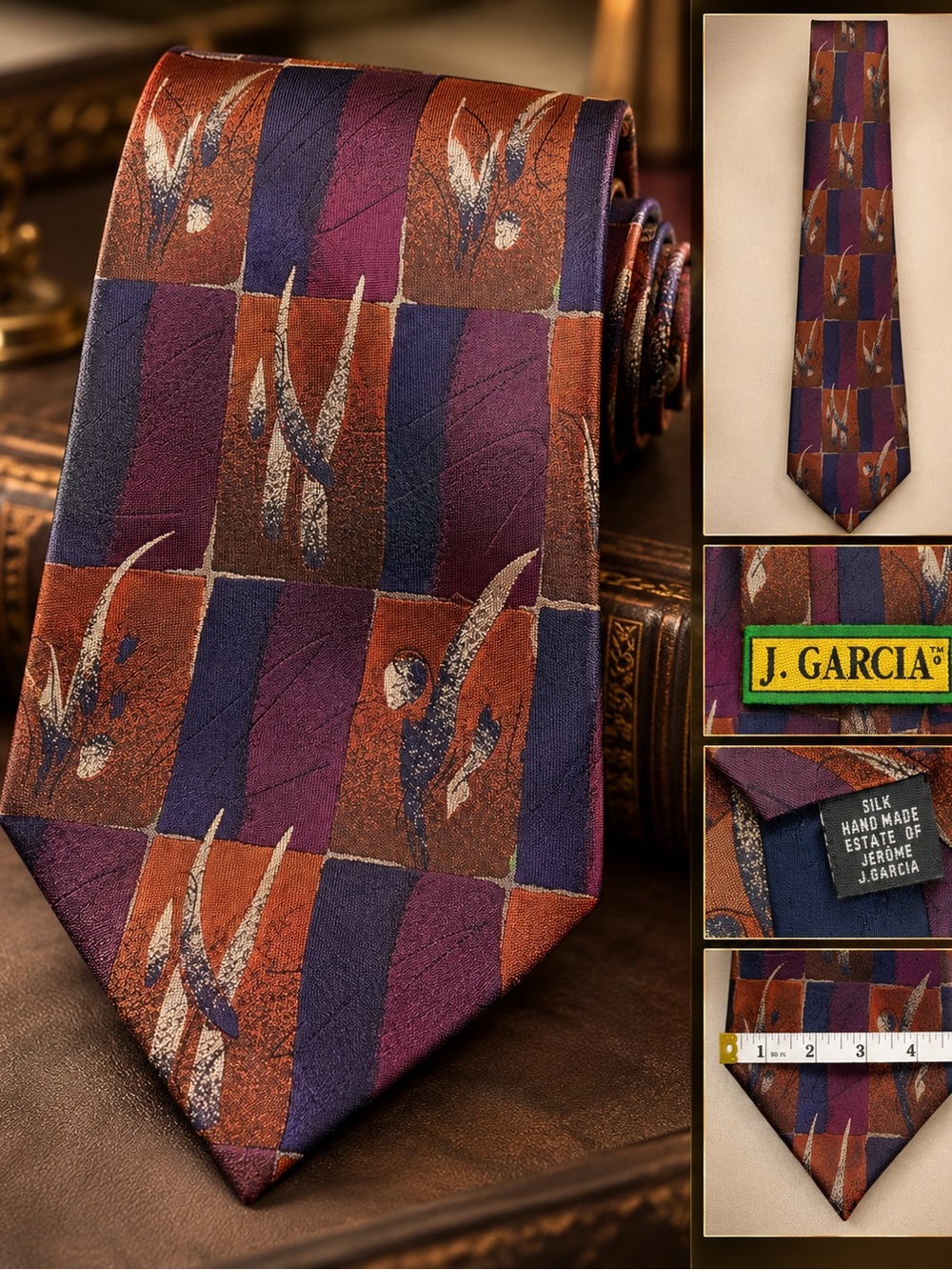 J. Garcia Men's Silk Tie in Rust, Purple and Navy Geometric Pattern